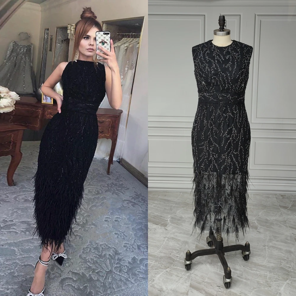 15633# 100% Real Photos Sequined Lace Sleeveless Midi Evening Dress With Feathers Beading Wedding Party Formal Gown For Women