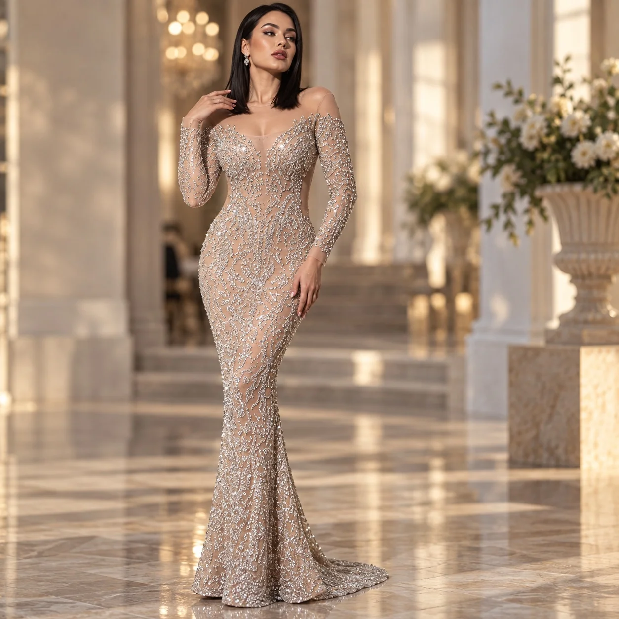 Long Sleeve Single Gown with Mid Waist a Line Skirt Elegant Style Regular Sleeve Graceful Commuting Style Spring for Women