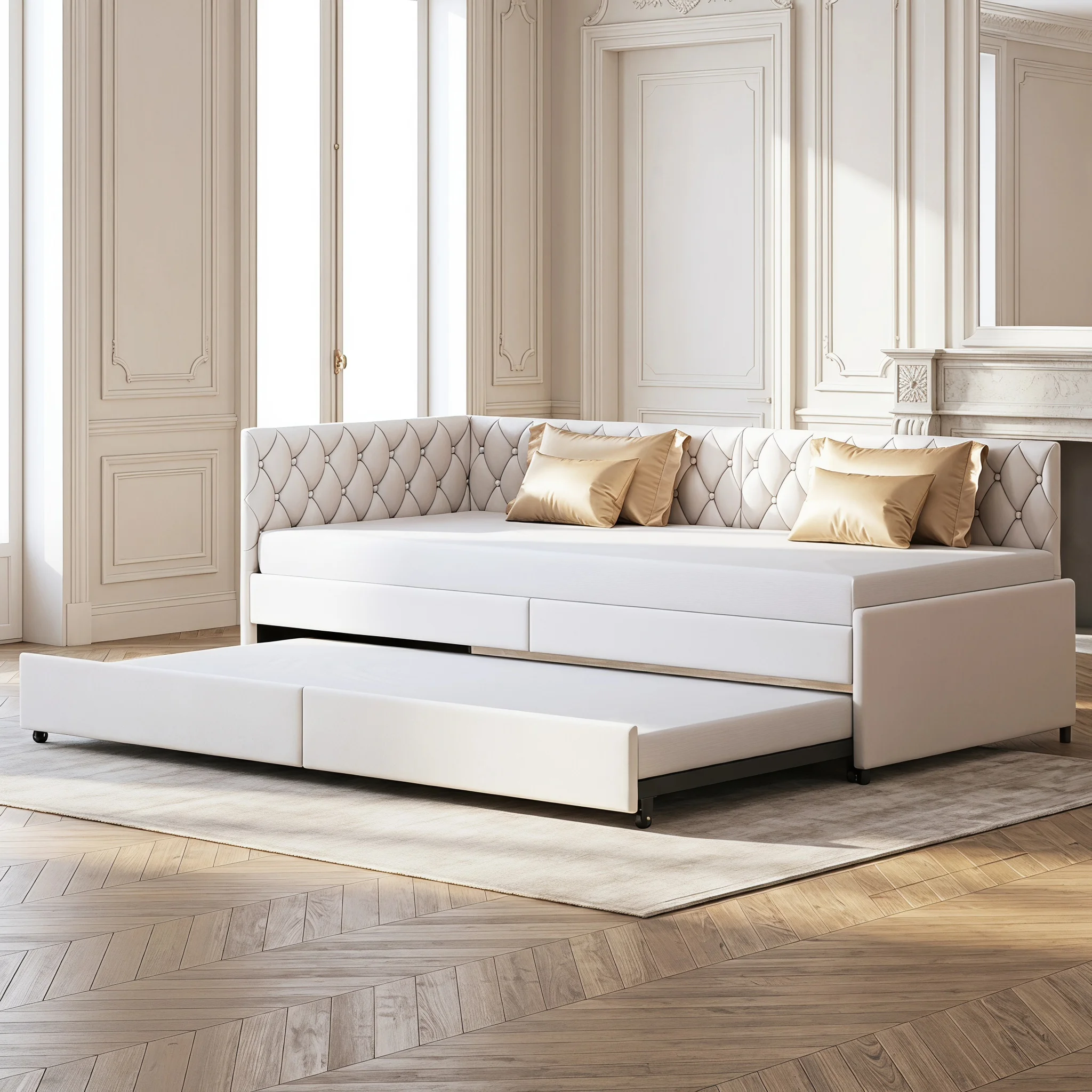 Canapé-lit Extensible 90x200 cm, Lit Banquette Rembourré en Velours Beige avec Sommier à Lattes, Lit Gigogne pour Chambre d'amis ou Enfant, Design Moderne et Élégant, sans Matelas