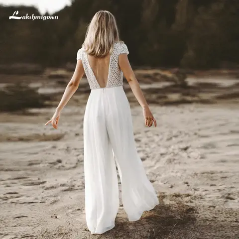 Boho Simple V-neck Sexy Backless Button Sashes Lace Jumpsuit Wedding Dress Chiffon Bridal Gown Short Cap Sleeve Vestido De Noiva