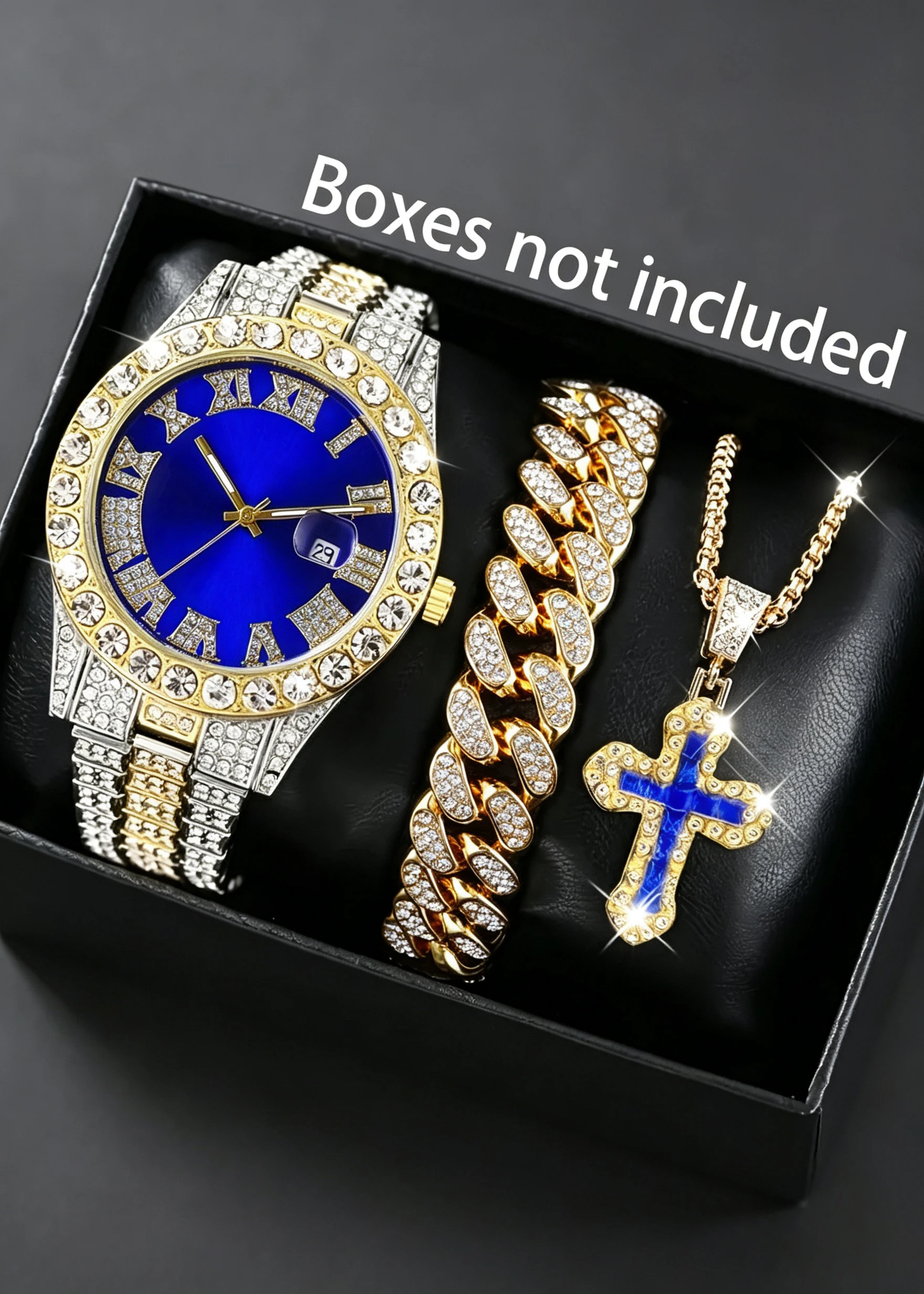 3-piece set of stylish men's classic quartz watches – featuring a calendar function, round dial, and comes with a matching cross pendant necklace and chain bracelet; battery-powered, alloy case; designed specifically for men, making it an ideal gift for friends and family.