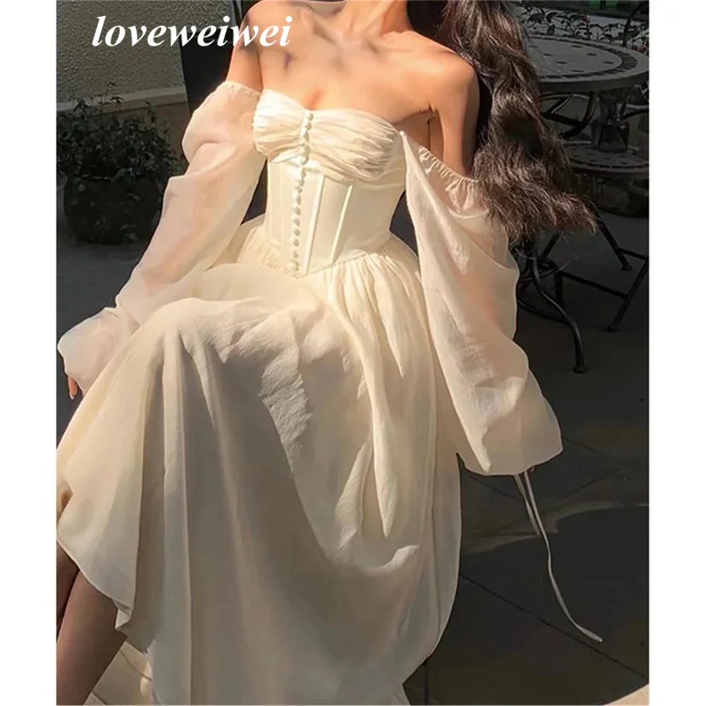 Elegant Vintage Ivory Prom Dresses Sweatheart Wedding Party Dress Button Off The Shoulder Evening Dresses платье на выпускной