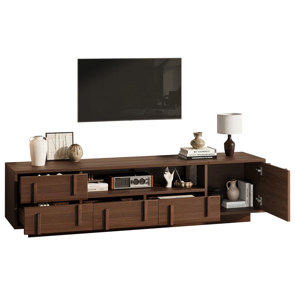 Mobile TV in MDF, 180x40x45 cm, mobile basso con 4 cassetti e vani aperti, colore noce.