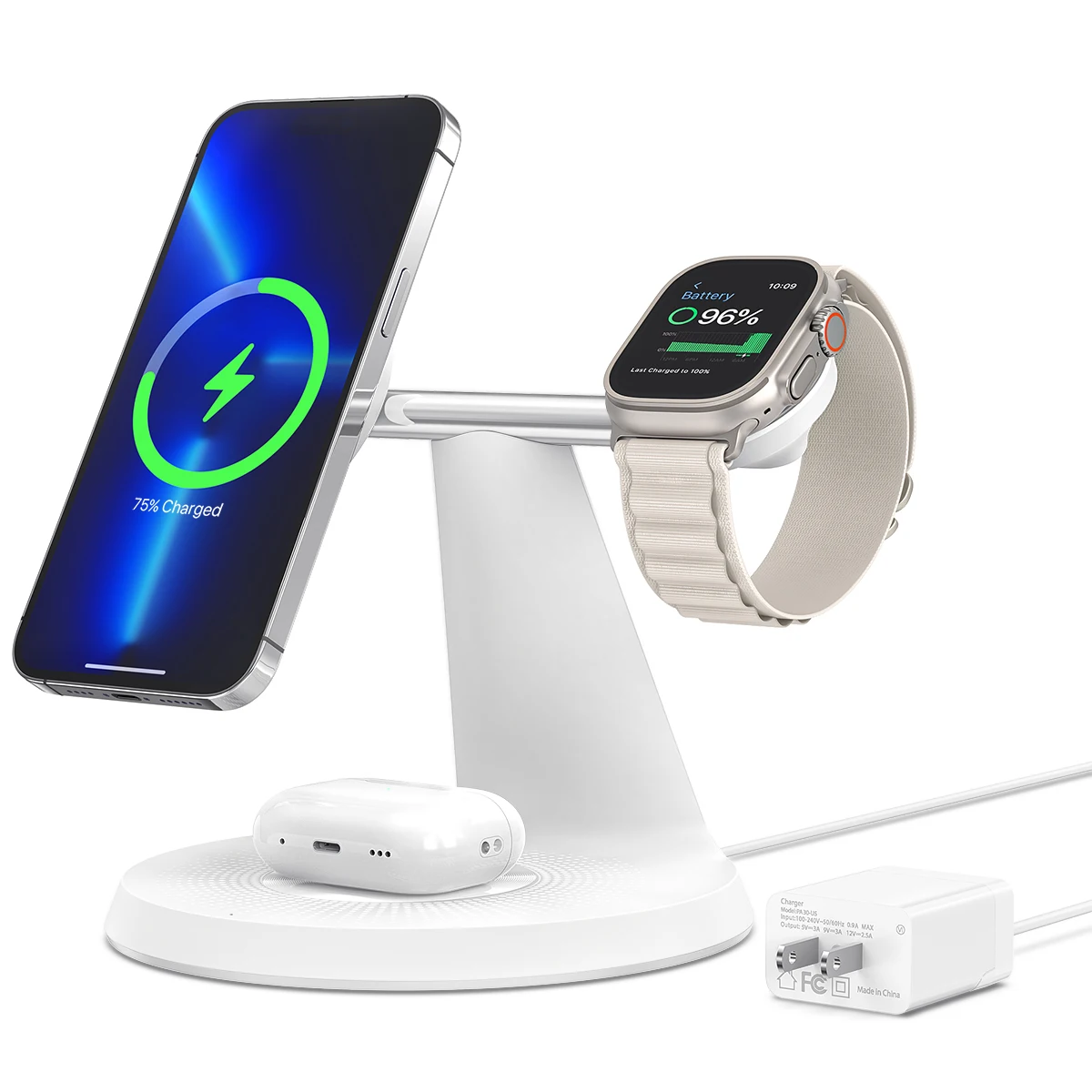 3 in 1 Magnetic Wireless Charger Stand Fast Charging Station Multi Device Charging Dock Compatible with iOS Phone 15 14 13 12 Series, Smart Watch & Wireless Earbuds