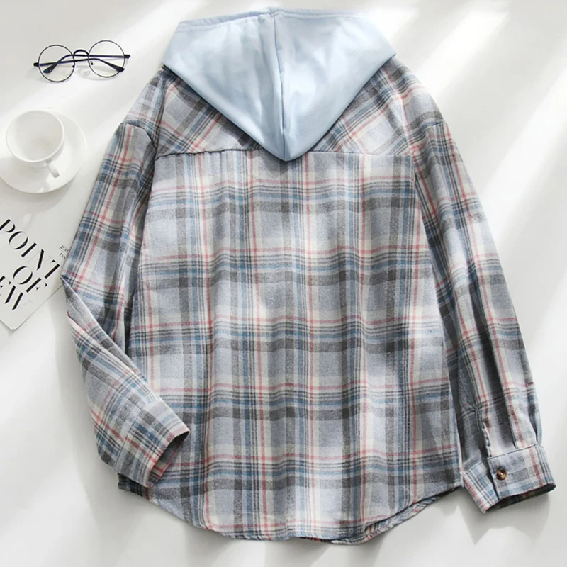 Spring Plaid Shirt Women Vintage Fashion Casual Long Sleeve Hoodies Loose Office Top Button Down Cardigan Shirts Women Clothing