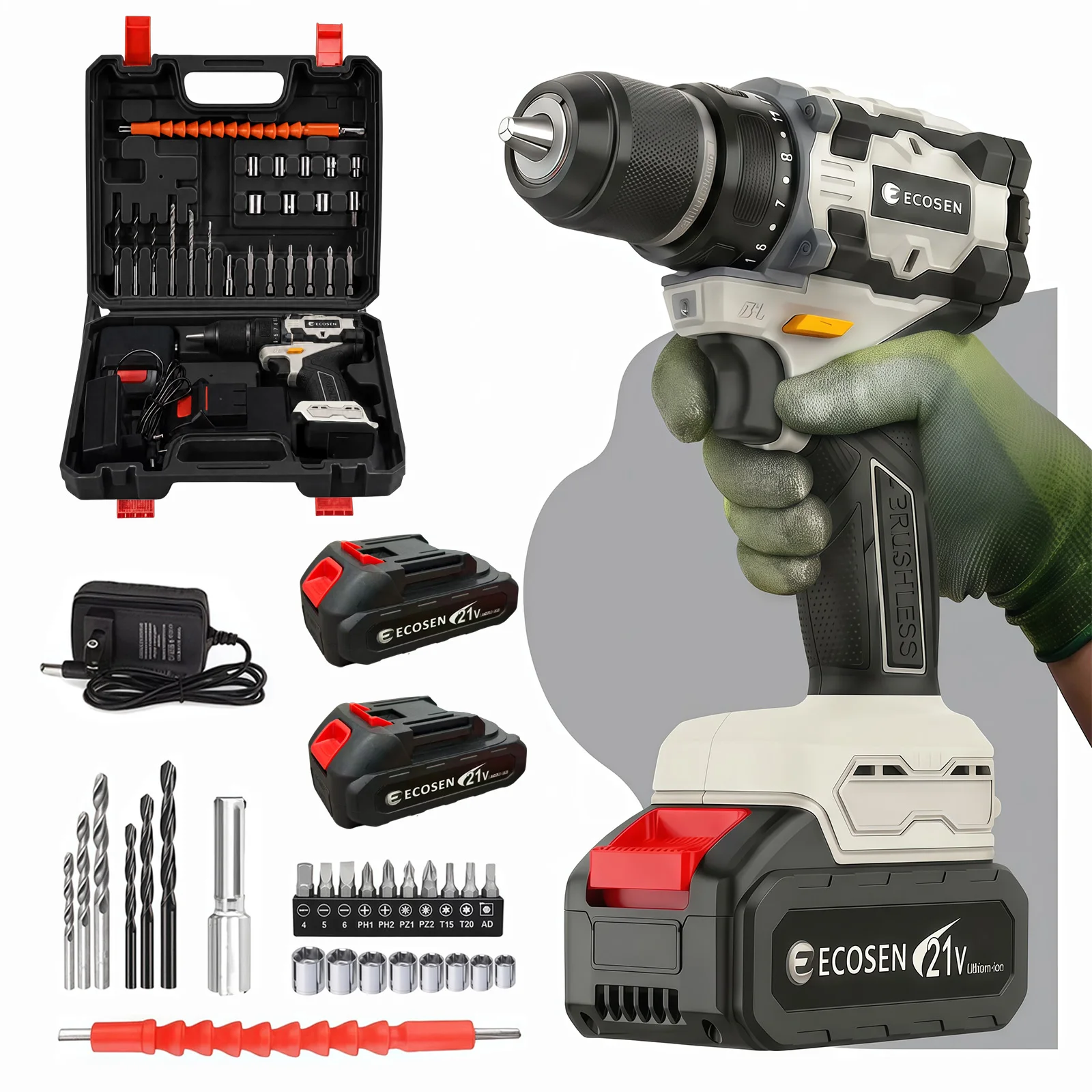 Furadeira Parafusadeira Sem Fio Brushless 2 Velocidades 21V com 2 Baterias, Kit Completo + Maleta Plástica e Carregador Bivolt