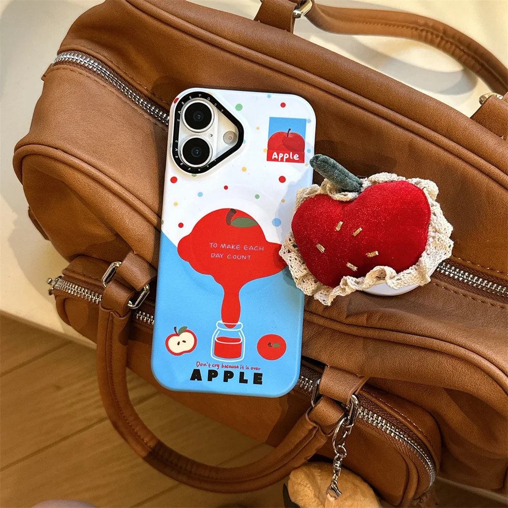 

Korean INS Polka Dot Plush Apple For MagSafe magnetic Stand Case For iPhone 17 16 15 14 Pro Max 13 Cute Funda protective cover