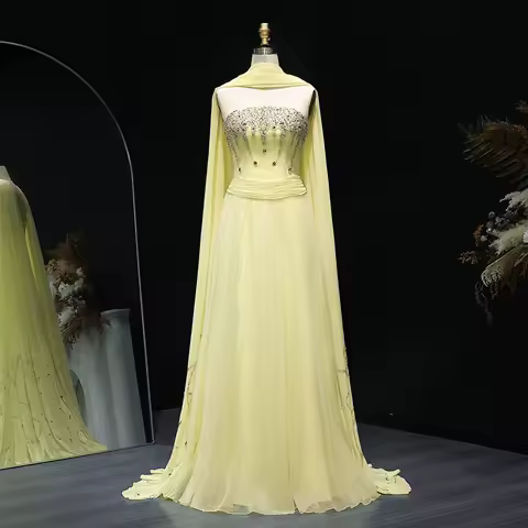 Sharon Said Luxury Pleated Yellow Arabic Evening Dress with Cape Crystal Elegant Arabian Nights Prom Dress XD-009 Customized