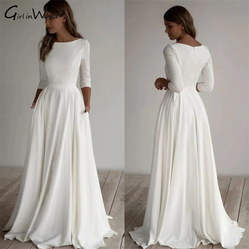 Simple Satin A-line Wedding Dress Half Sleeve O Neck Bridal Wedding Gown Modest Bride Dress Vestido De Novia Robe De Mariée