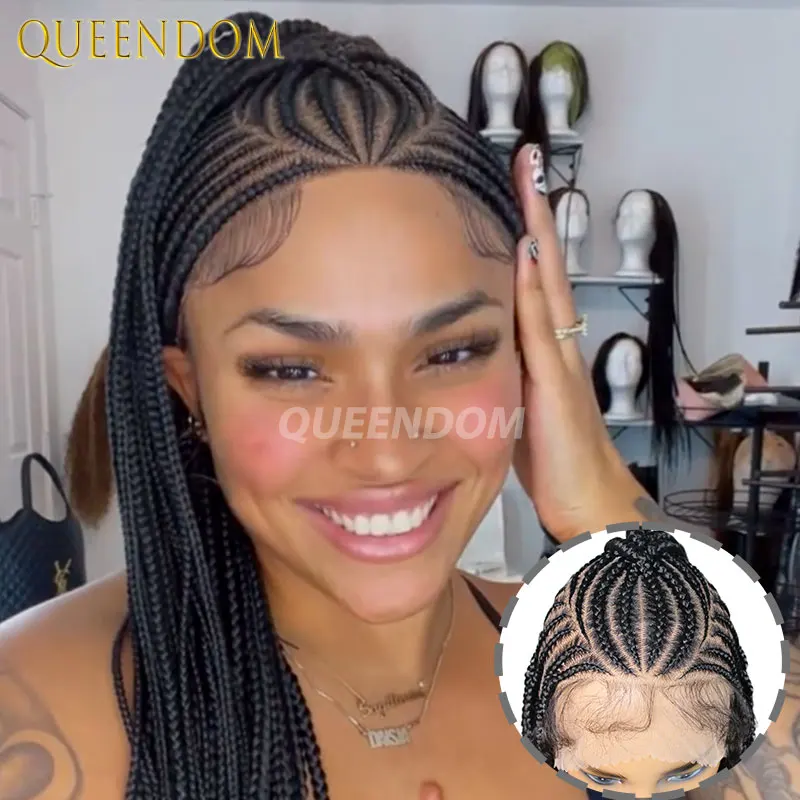 

Box Cornrow Плетеные парики Синтетические полные кружевные передние плетеные парики с детскими волосами для чернокожих женщин Племенные косы Джамбо Плетеные парики