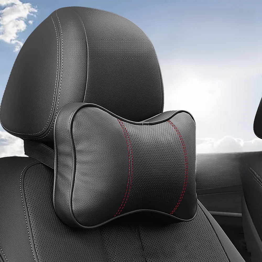 2 STKS Top Kwaliteit Koeienhuid Auto Nekkussens Hoofdsteun Nekkussen Ondersteuning Auto Universele Zetel Zacht Ademend Interieur Decoratie - afbeelding 2