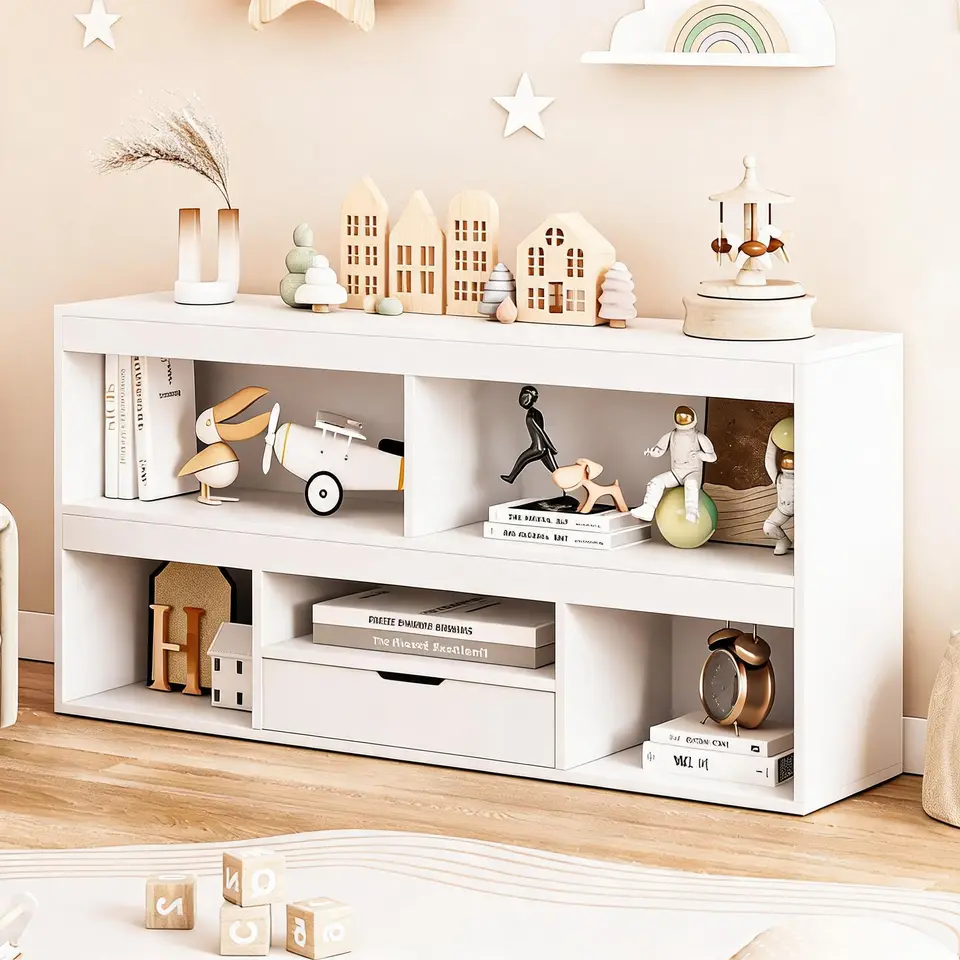 Kids Wooden Bookshelf and Toy Storage Organizer