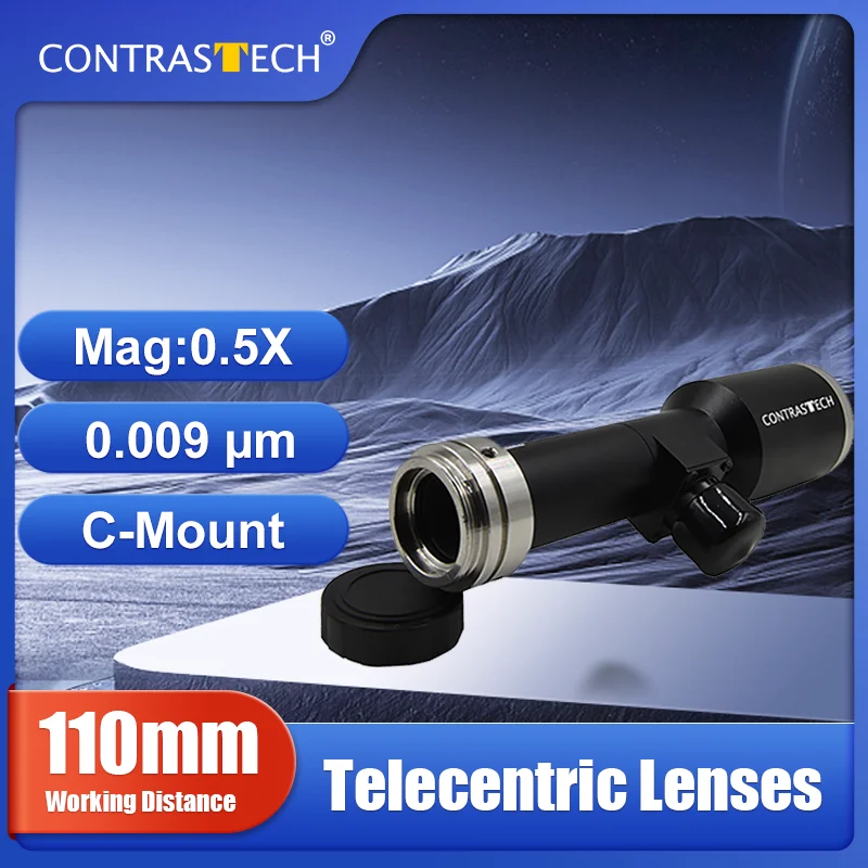 

WD110mm Telecentric Lens Mag 0.5x 1/3" Large DOF2.3mm Coaxial FOV C Mount For AOI Application Machine Vision CONTRASTECH