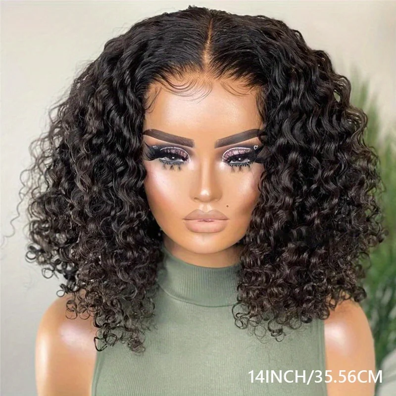 Onda Profunda Curly Bob Peruca Curta, Cabelo Humano Brasileiro, Transparente Lace Frontal Perucas, Pré Arrancado com o Cabelo do Bebê, 200% Densidade, 13x4 HD