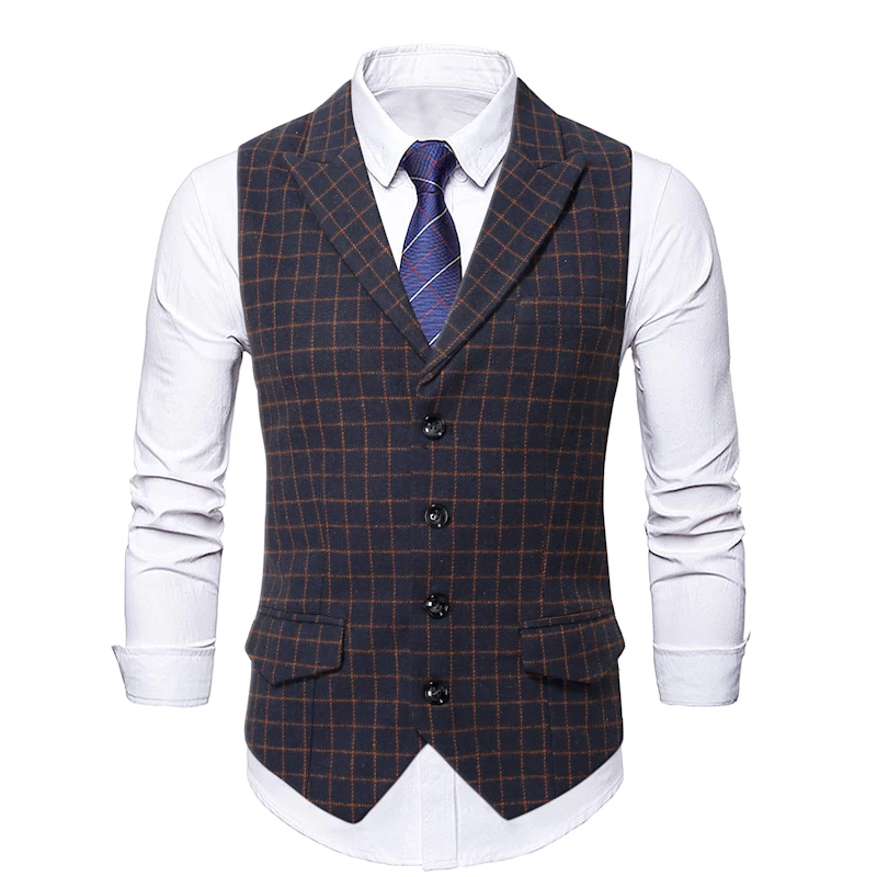 New Men\'s Plaid Suit Vest Business Casual Wedding Waistcoat Slim Fit Sleeveless Offcie Single Breasted Suit Vests Man