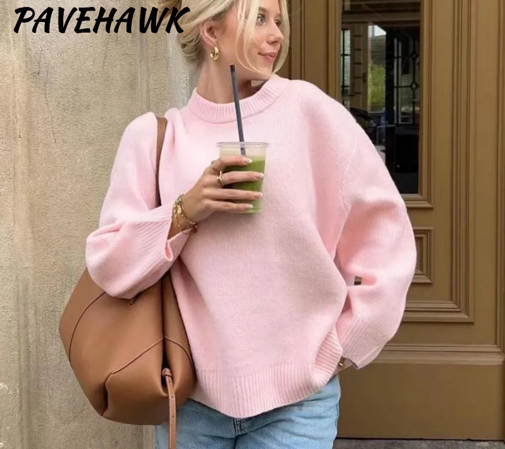 Damskie swetry z długim rękawem i okrągłym dekoltem Jesienna odzież uliczna Dzianina Podstawowy sweter Dzianina Luźny elegancki sweter Damskie topy