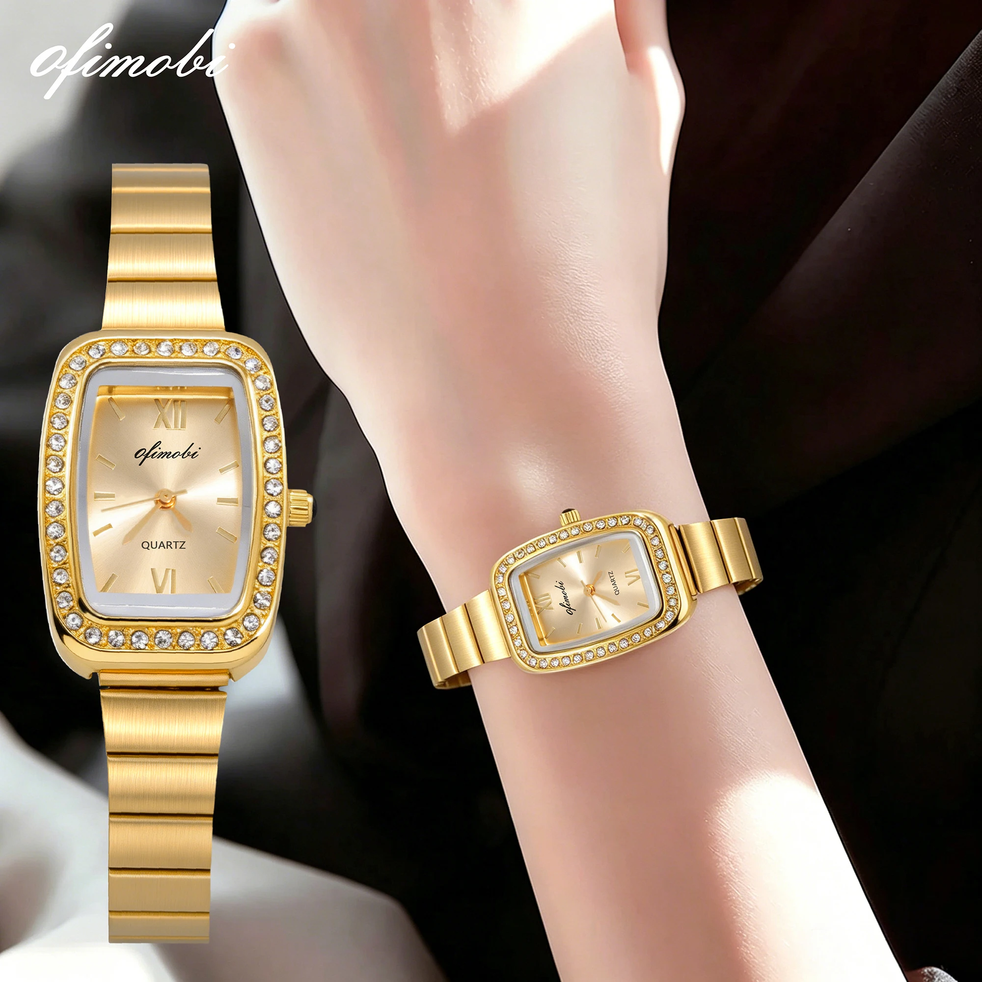 

OFIMOBI Women Quartz Watch Rectangle Stainless Steel Bracelet Crystal Bezel Roman Numeral Small Dial Daily Water Resistant Dress