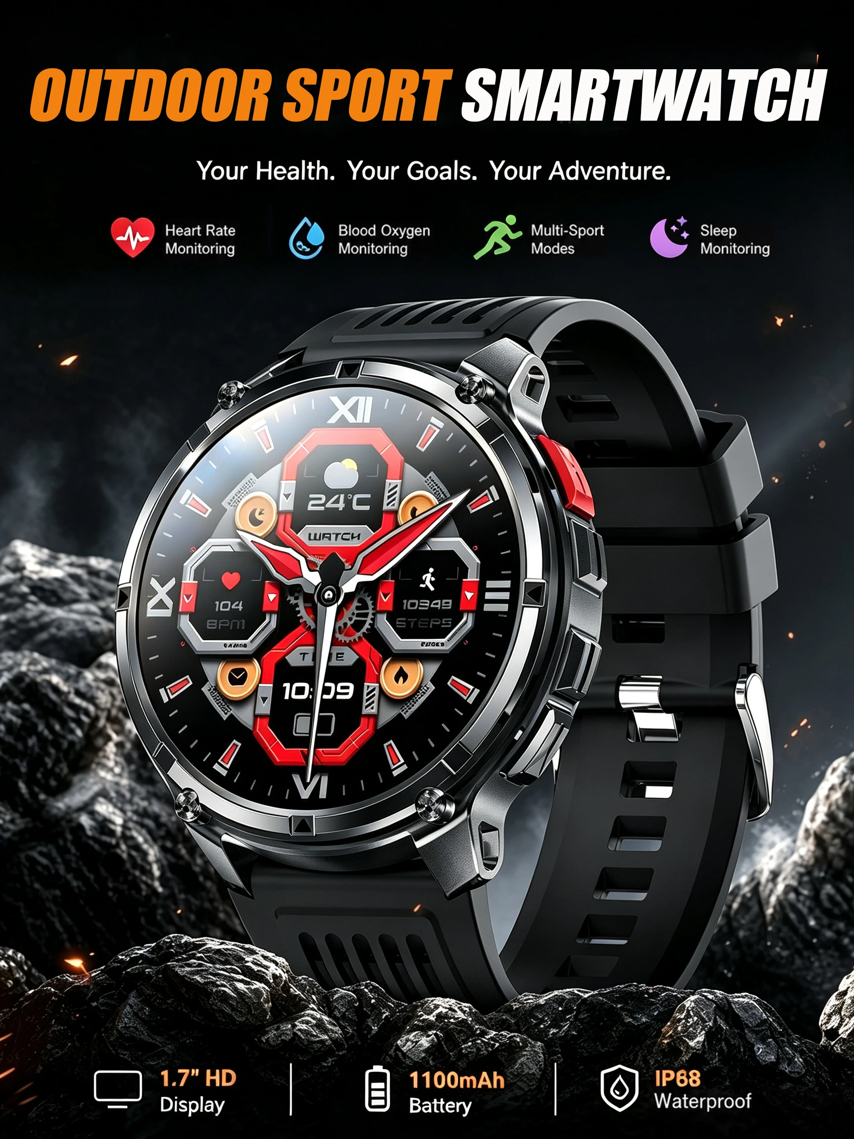 2026 Neue Smartwatch für Herren 1100mAh Akku mit großer Kapazität Outdoor-Taschenlampe Kompass Bluetooth-Anruf IP68 Wasserdichte Sport-Fitness-Smartwatch