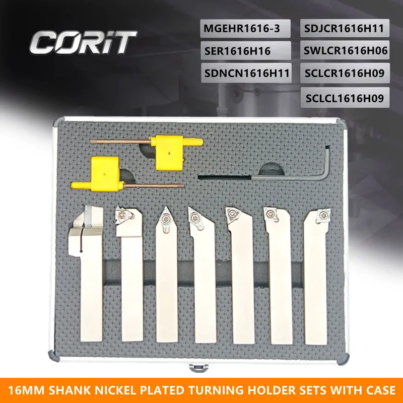 CORIT 7Sets of 16MM Shank Nickel Plated CNC Lathe Turning Tool Holder with Carbide Inserts and Wrenches in Case Set Turning Tool