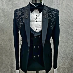 Black Embroidery Beaded Men Suits Luxury Shawl Lapel Groom Wedding Tuxedos 3 Pieces Sets Prom Blazers Slim Fit Costume Homme