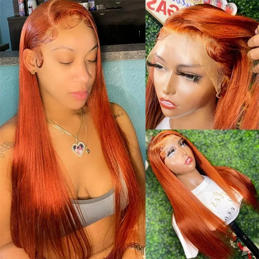 Bone Straight Orange Ginger 13X5 HD Прозрачный парик фронтальной части шнурка Парики фронтальной части шнурка Человеческие волосы 350 Цветные бразильские 200% для женщин