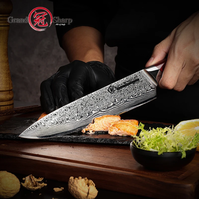 GRANDSHARP 67 Layers Japanese Damascus Knife Damascus Chef Knife 8 Inch Blade Damascus Kitchen Knives Pakka Handle PRO NEW