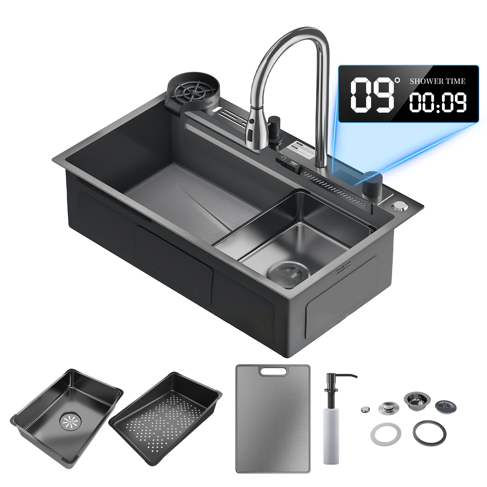 Waterval aanrecht van roestvrij staal 304, grote enkele sleuf, geïntegreerde digitale display, kraanset, zeepdispenser, bekerwasmachine