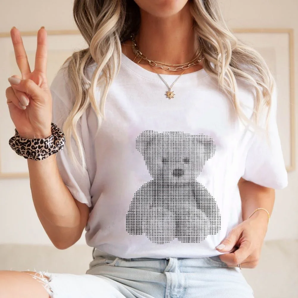 

Cute Plush Bear with Plaid Pattern Y2k Clothes Women Cuteore Graphic Shirt Retro Print Trendy Casual Fashion Semisheer Effect