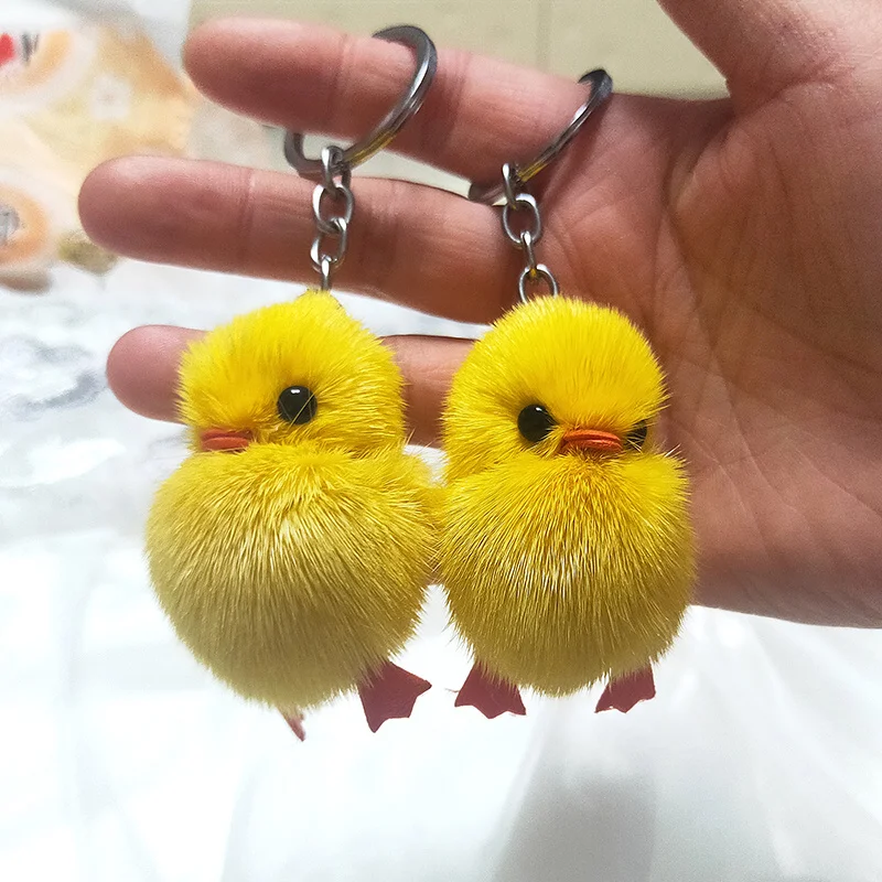 Real Fur Cute Little Yellow Chicken Keychain Chick Doll Ornament Keychain Creative Mini Chick Animal Model Plush Toys Kids Gift