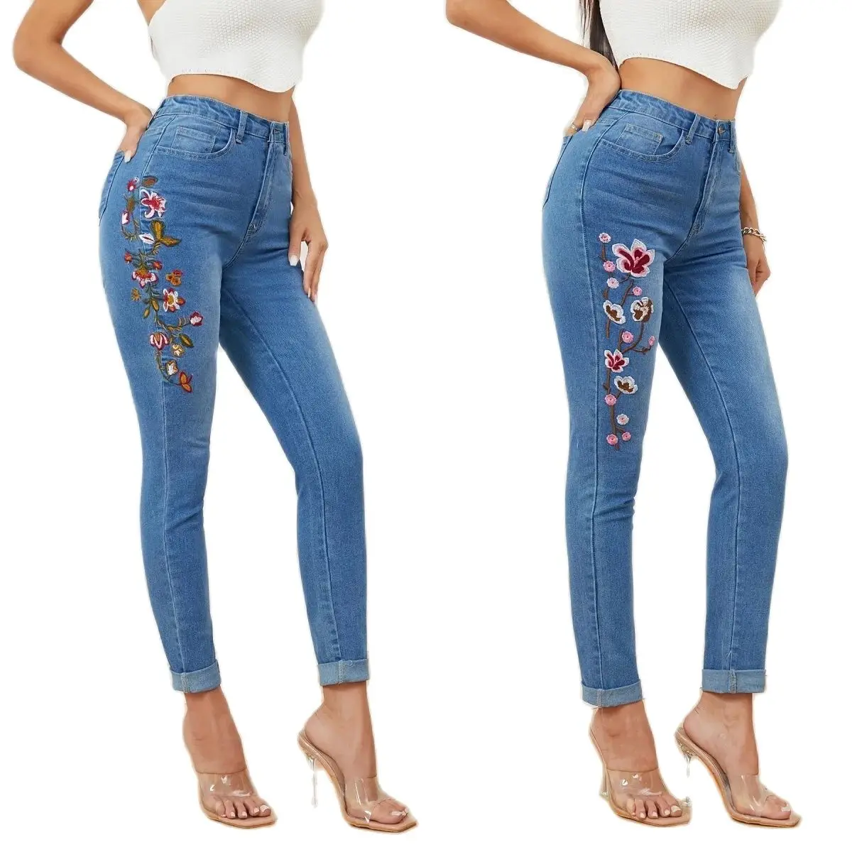 2024 Spring New Fashion High Stretch Embroidered Jeans for Women Casual Skinny Ankle-Length Denim Pencil Pants High Waist Jeans