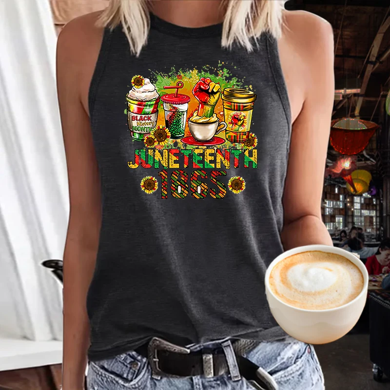 Print Women Juneteenth 1865 Casual Crew Neck Versatile Sleeveless shirt Clothing Top Girl Liberation Day Sunflower Tank Top S-87