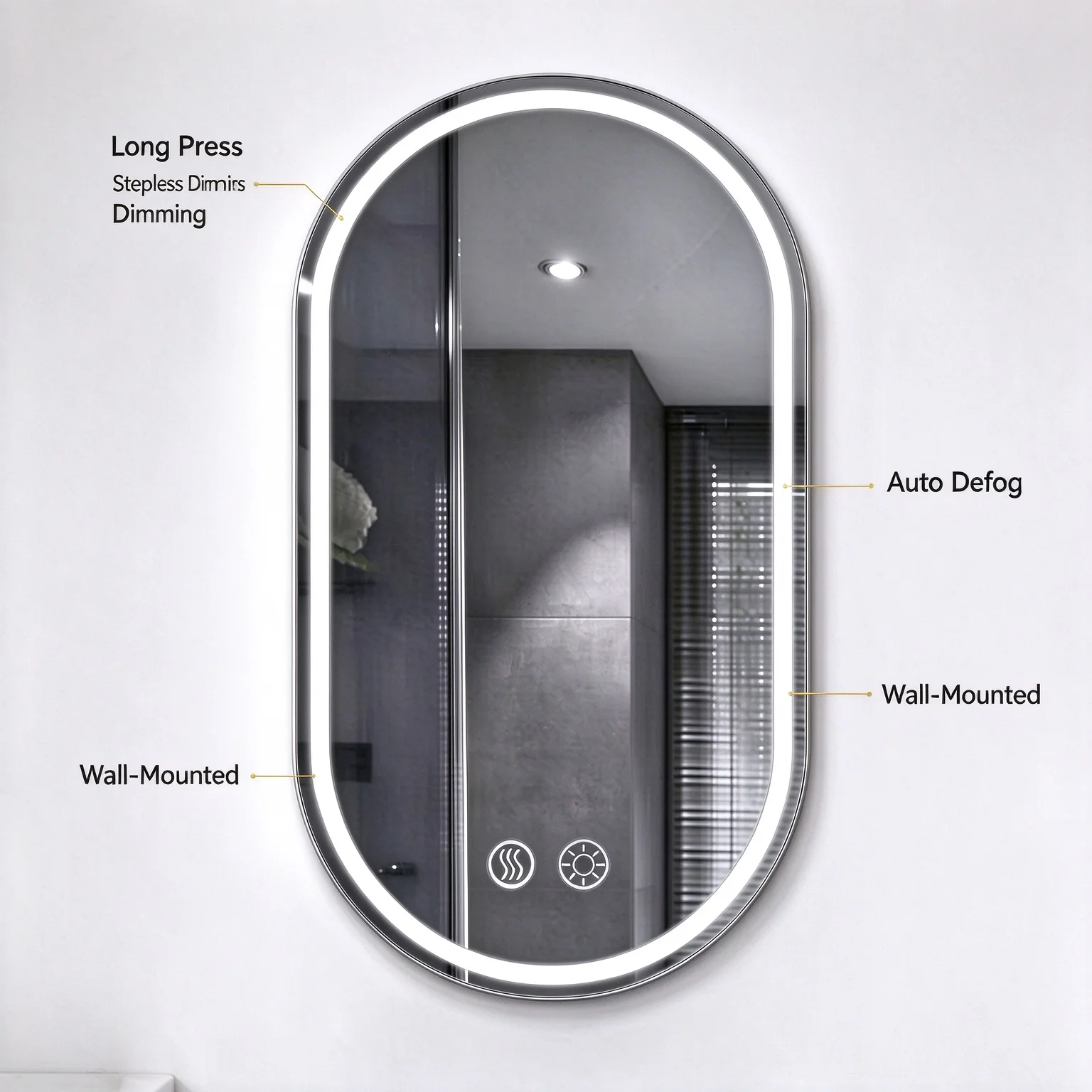 Oval Wall Mounted LED Bathroom Vanity Mirror With Auto Defog Long Press Touch Stepless Brightness Dimmable Light Smart Illuminated Makeup Mirror For Multi Space Home Use
