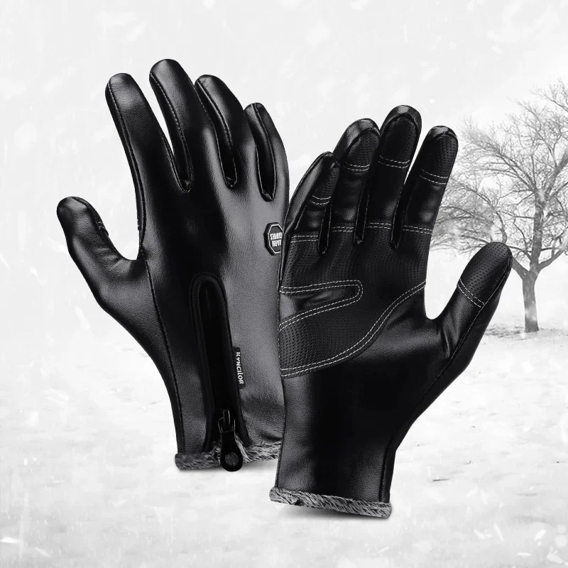 AliExpress Winter Cycling Gloves PU Warm Windproof Touchscreen Sport Skiing Snowboard Nonslip Zipper Snowmobile Motorbike Gloves Men Black