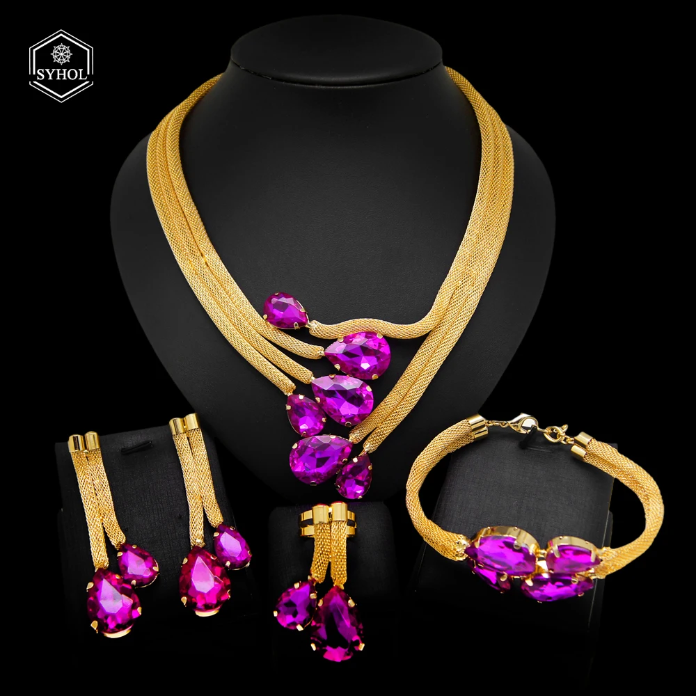 Woman Necklace Jewelry Set Fashionable Brazilian Gold Style Original 24K Gold Plated Purple and Champagne Zircon Pendant SYHOL