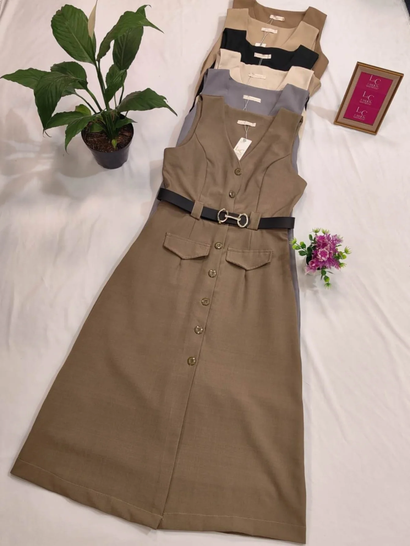 Evangelical Long Sleeveless Dress with Tailor Belt Fabric Twill