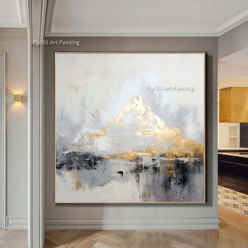 Minimalist Abstract Gold Foil Mountain Oil Painting Extra Large Landscape Wall Art Decor Hand Painted Gray Gold Canvas Painting