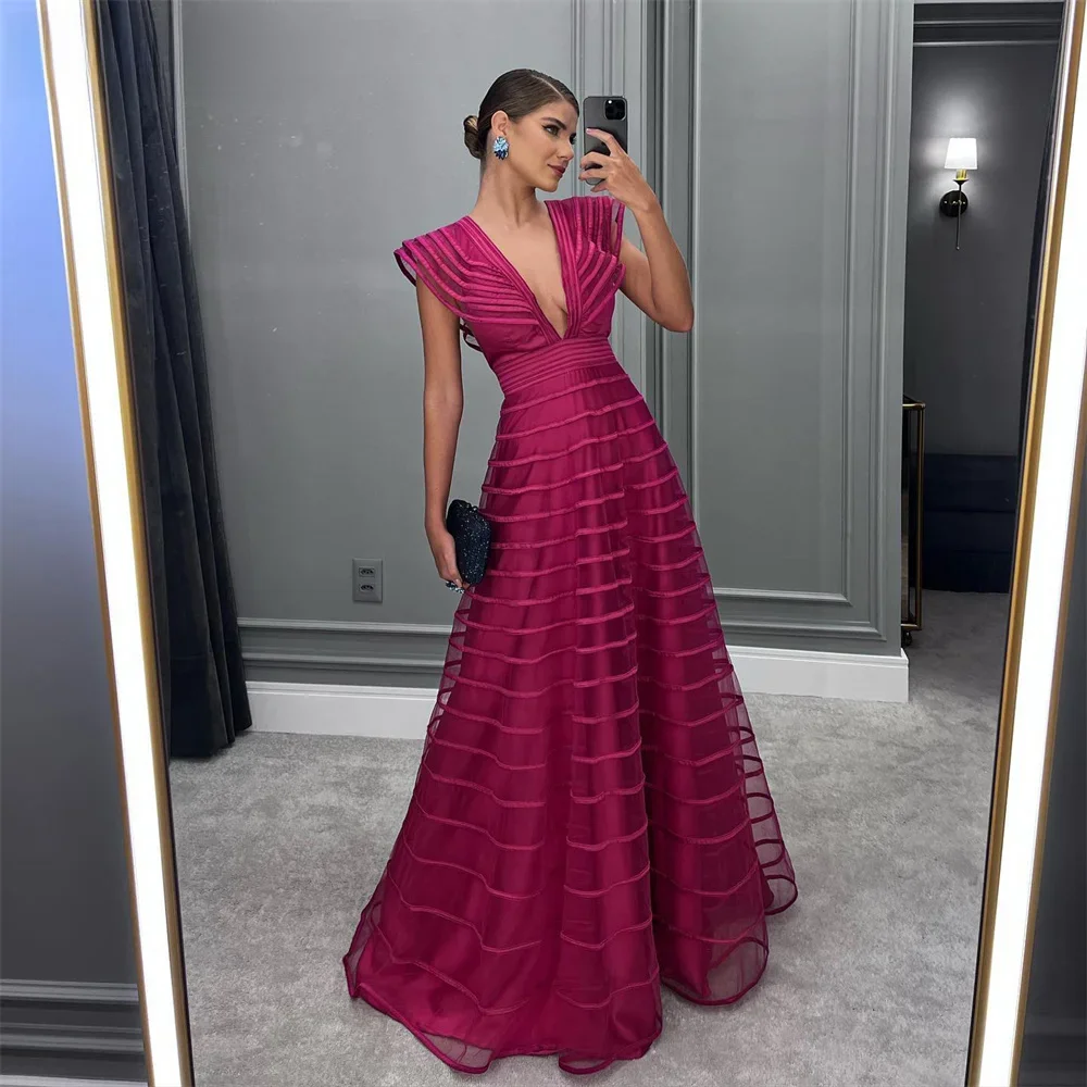 ROSES A Line Fuchsia Formal Dresses Pleat Sleeveless Prom Gown for Woman Deep V Neck Wedding Party Dress robe de bal Customized — zdjęcie 2