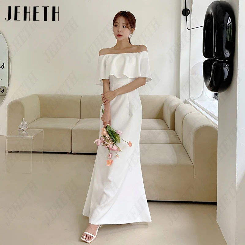 JEHETH Mermaid Boat Neck Korea Bridal Gowns Pleat Simple Satin Wedding Dresses Vintage Ankle-Length 웨딩드레스 Photography Backless