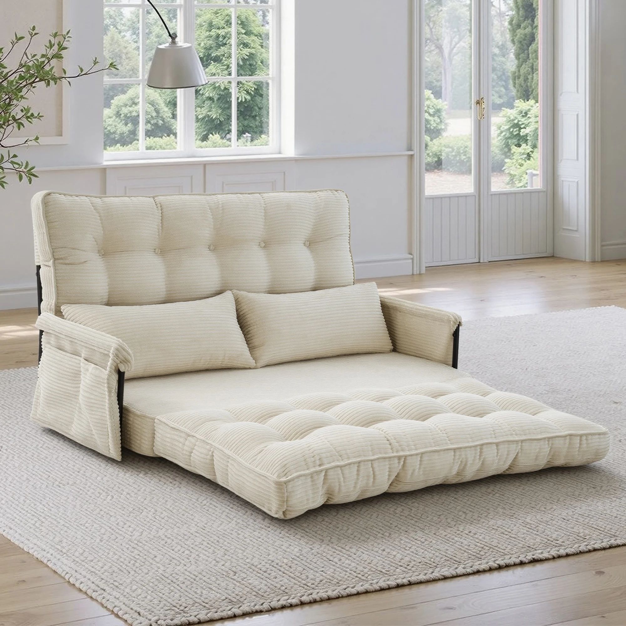 Double Corduroy Floor Lounge Couch, 5‑Position Adjustable Foldable Sleeper Sofa Bed with Side Pocket for Living Room Bedroom Apartment