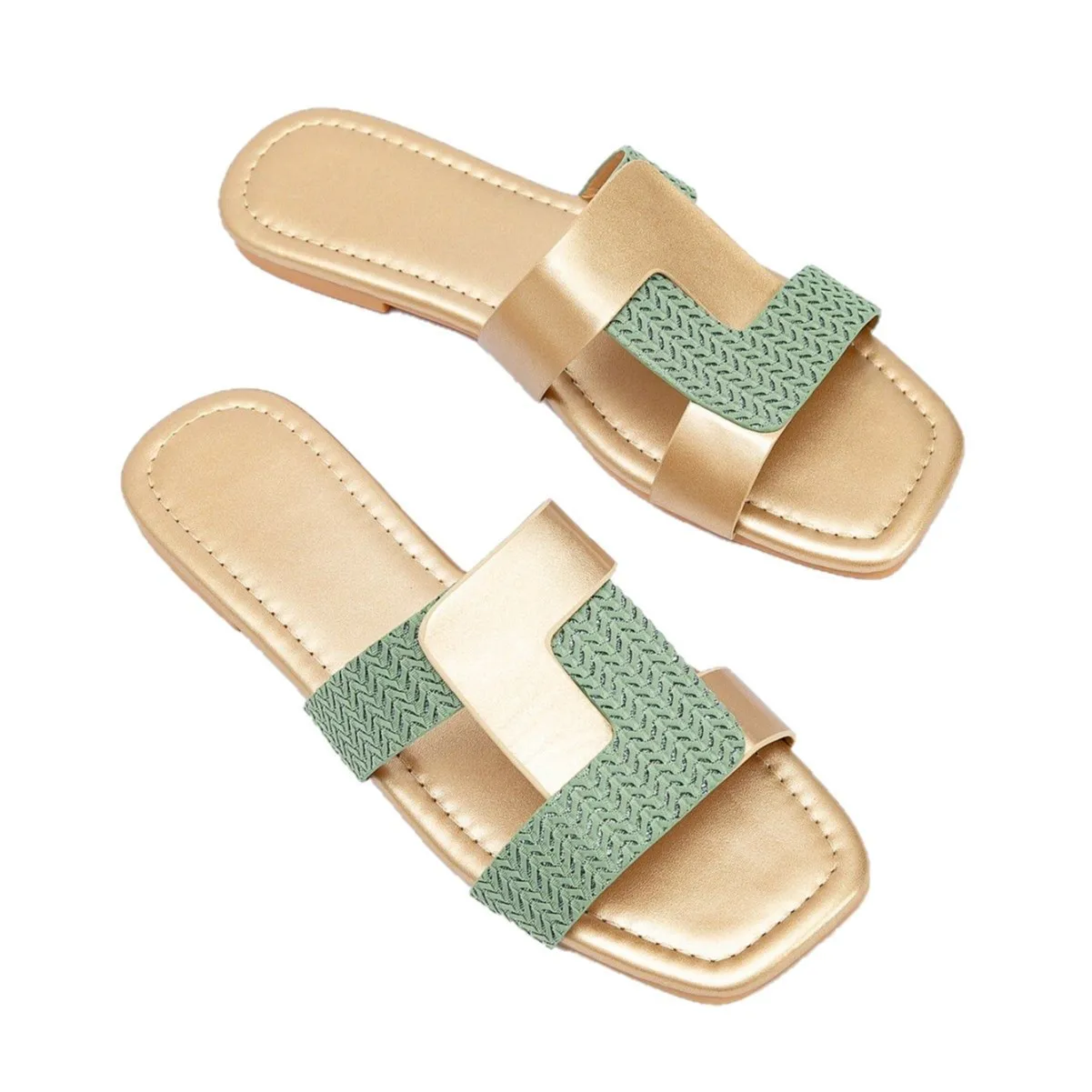 

Chic Two-Tone Slide Sandals for Women Gold Metallic Woven Strap Flats Stylish Square Toe Summer Slides