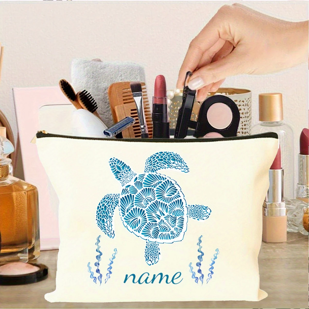 Customizable Turtle Pattern Personalized Cosmetic Bag Large Zipper Travel Toiletry Gift For Friends Teachers