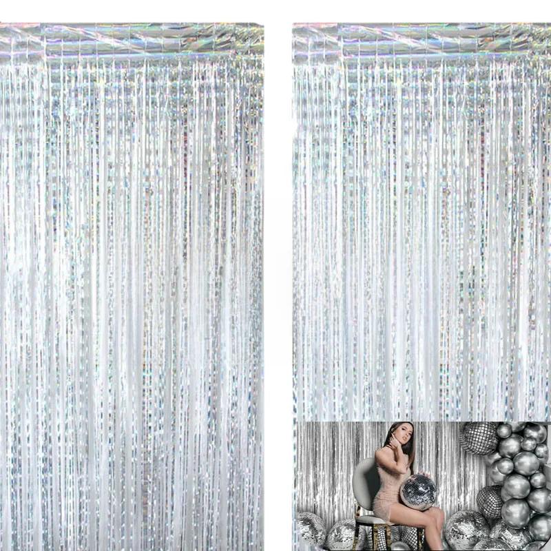 2Pack Foil Curtain Backdrop Silver Metallic Tinsel Foil Fringe Curtains for Birthday Wedding Baby Shower Disco Party Decorations — zdjęcie 2