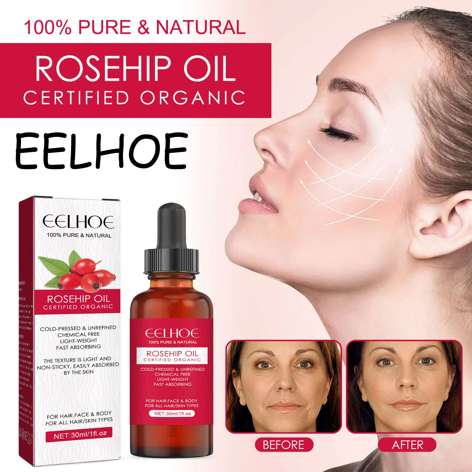 

EELHOE Rosehip Skin Essence Oil Moisturizing Face and Body Nourishing Remove Wrinkle Oil Control Smoothing Massage Rosehip Oil