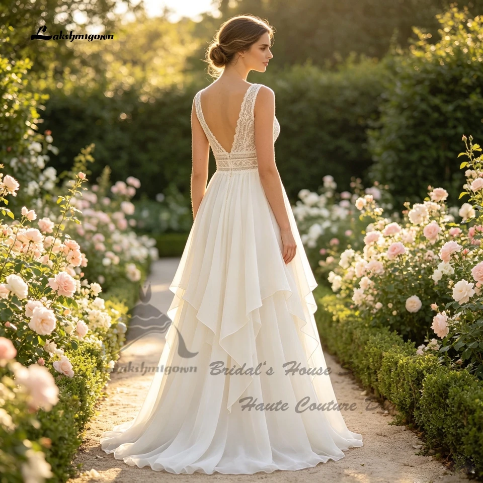 Lakshmigown Vintage Chiffon Strand-Hochzeitskleider 2027 Zivile Boho-Brautkleider mit Rüschen, V-Ausschnitt, Spitzenoberteil, Maßanfertigung – Detail 7