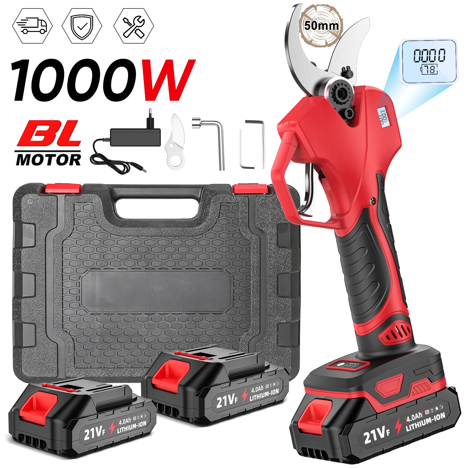 Sécateur électrique sans fil 1000W 50mm, cisaille de jardinage sans balais pour branches d'arbres fruitiers, outil de coupe avec 2 batteries