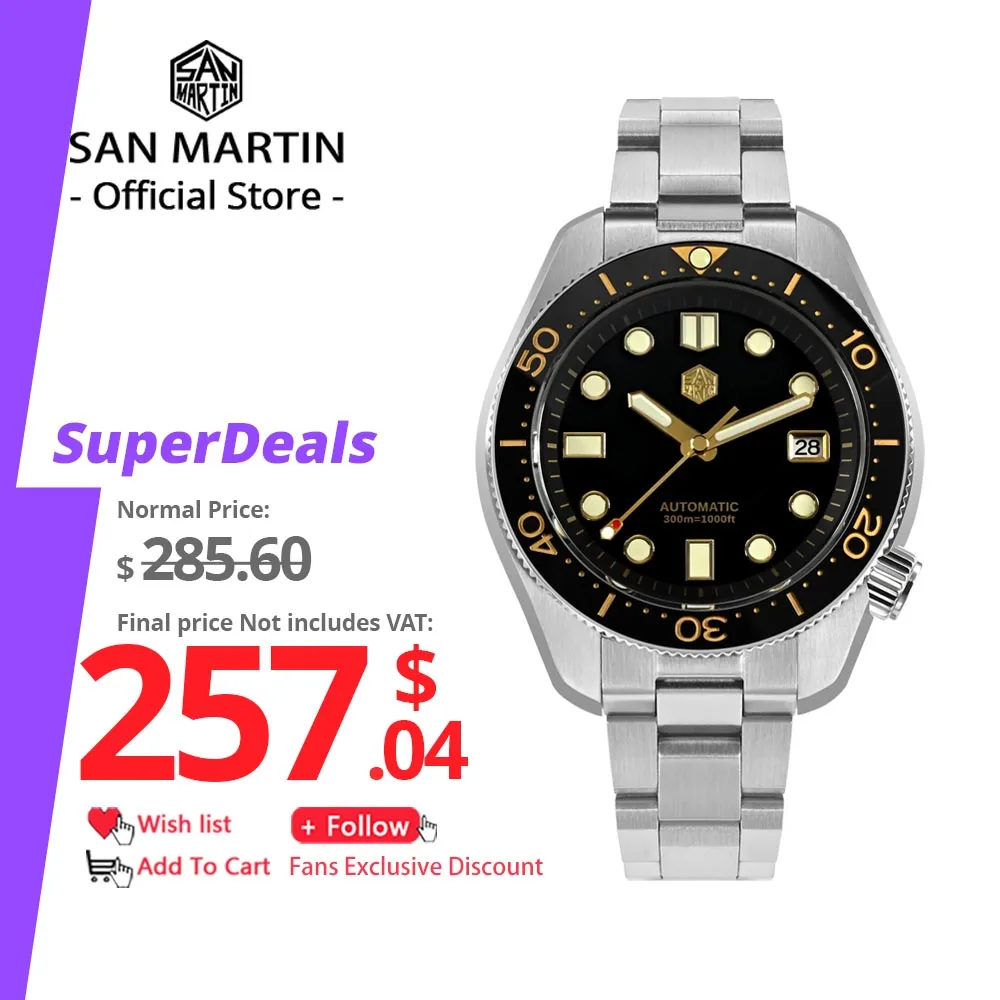 San Martin – montre de plongée pour hommes, 44mm, Vintage MM300, cadran doré, Sport NH35, automatique, mécanique, saphir, étanche 300M C3 Lume SN0087