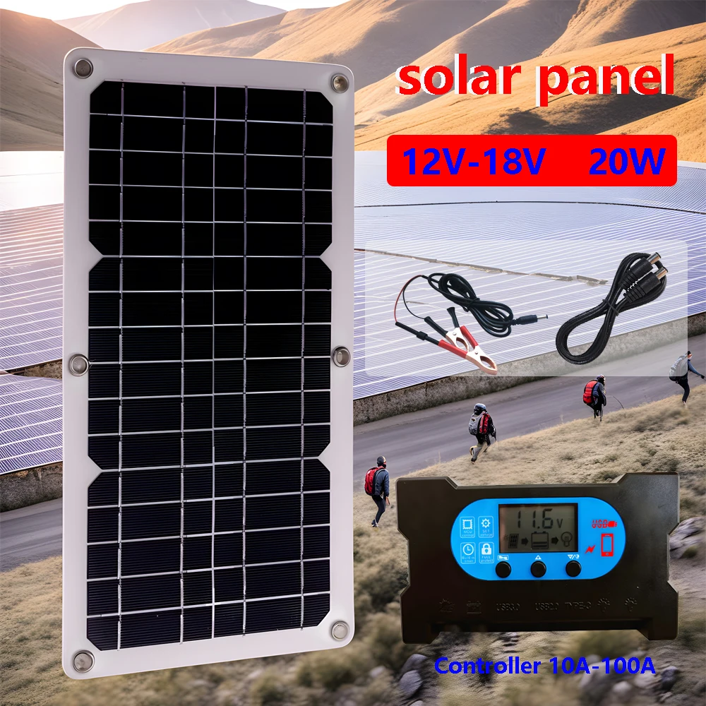 20W 12V Solar Panel Charger USB Charging Function, Portable Waterproof Solar Trickle Charger for Car and Boat