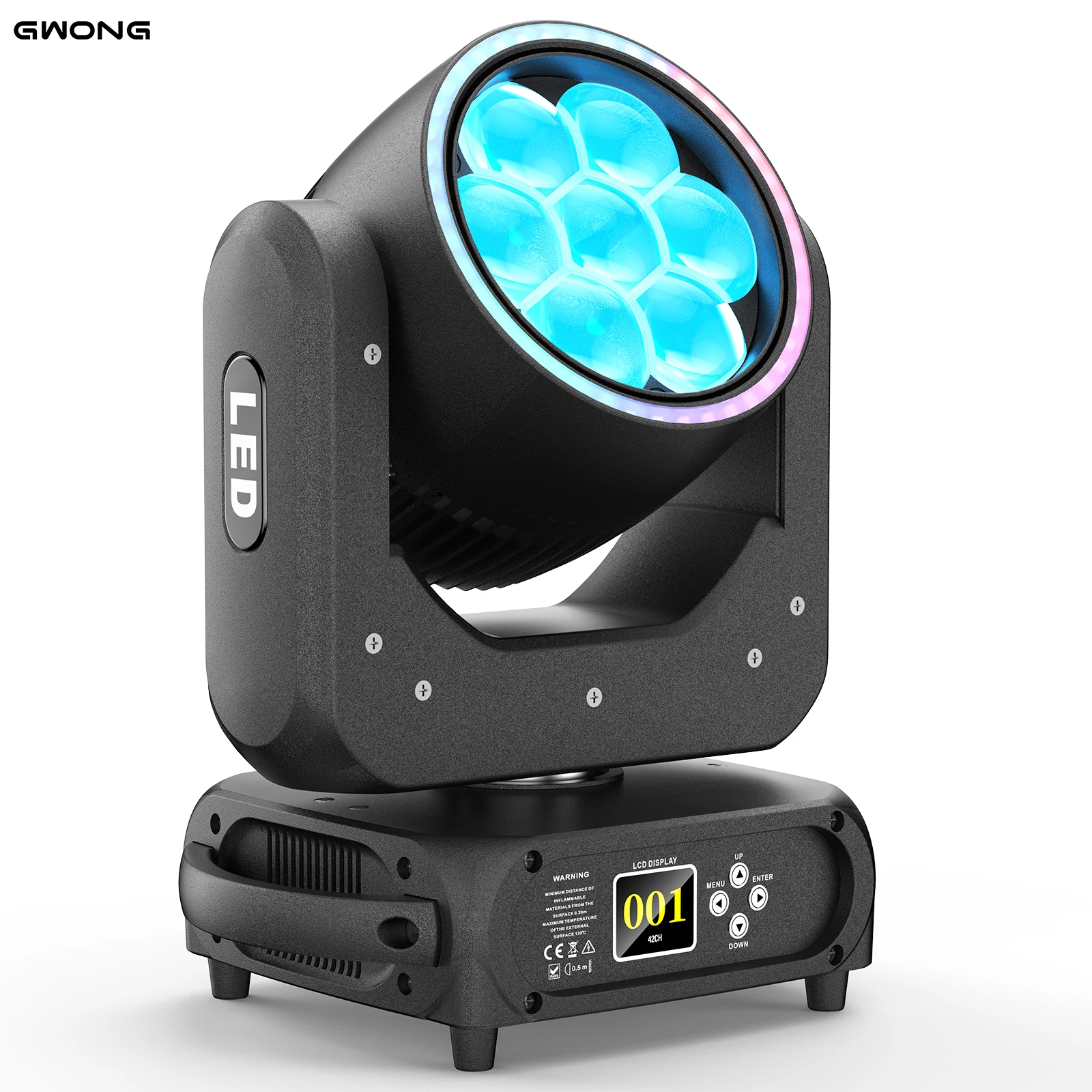 Luz móvil con zoom Gwong Mini de 7 LED y 70W con anillo halo RGB, control DMX51 de 30/42/58 canales para espectáculos en escenarios de bodas.