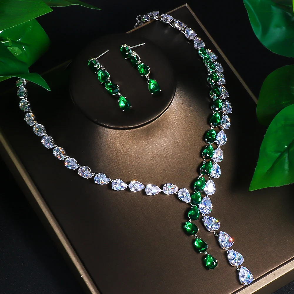 Fashion Double-deck Necklace Earrings Sets Zircon Wedding for Women Simple Green Water Drop Bridal Jewelry Set Banquet Gift