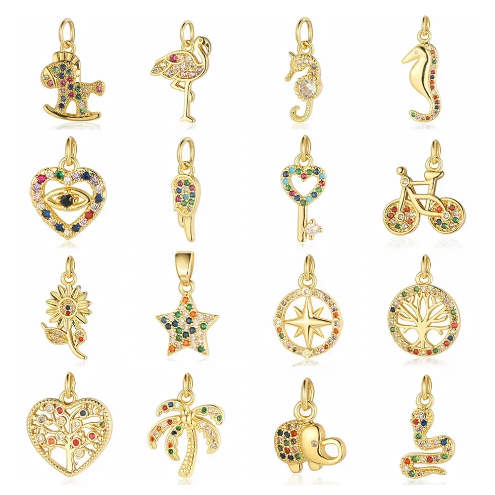 AliExpress LAVIXMIA 3Pcs/Lot Copper Cubic Zircon Rocking Horse Bicycle Palm Charms Heart Elephant Flamingo Star